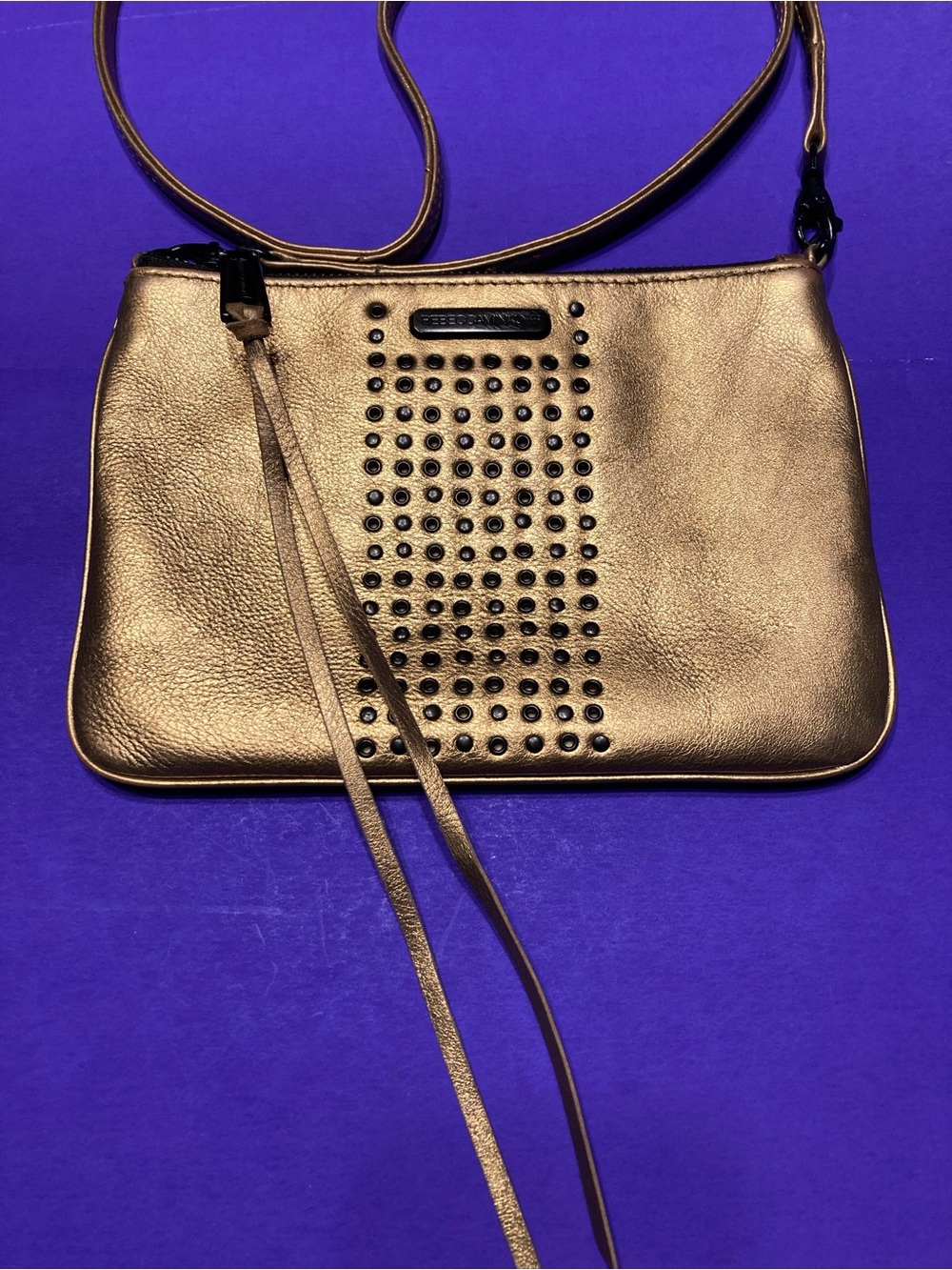 Rebecca Minkoff Metallic Gold Studded Crossbody Bag - Picture 1 of 6